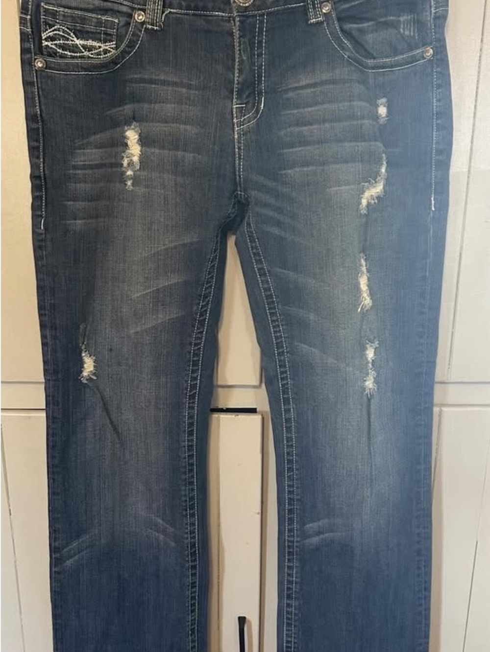 Cowgirl Tuff Women's Ain’t My Day To Care Dark Blue Distressed Jeans Size 34
